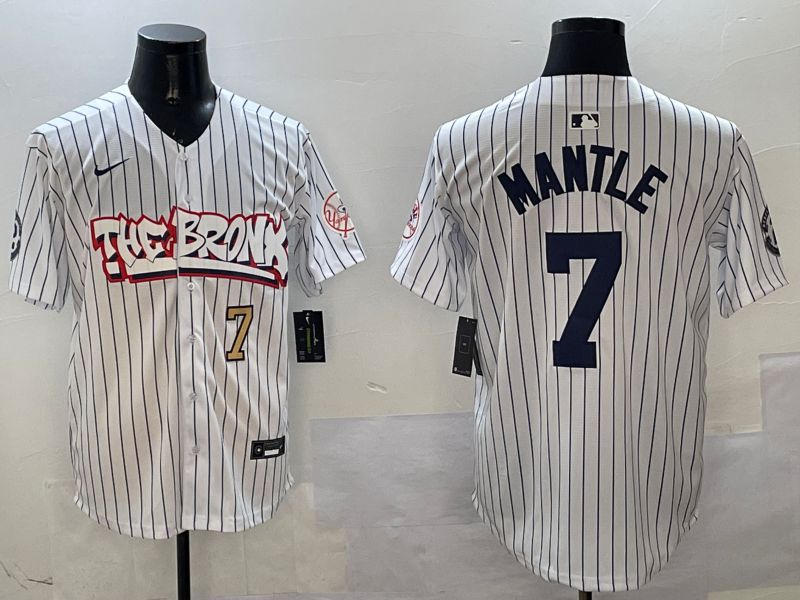 Men New York Yankees 7 Mantle White Stripe four generations Joint Name 2025 Nike MLB Jersey style 5